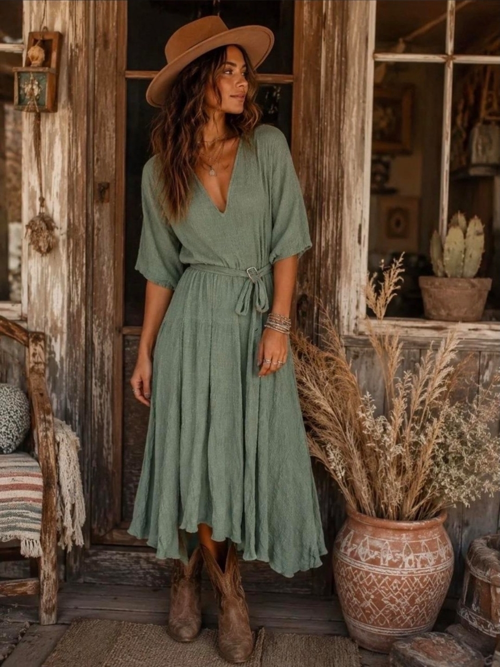 Free People Olive Green Textured V‑Neck Midi Dress